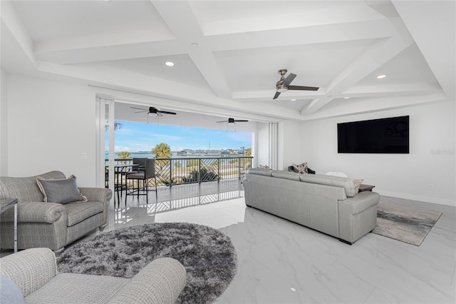 living room with coffered ceiling and beam ceiling