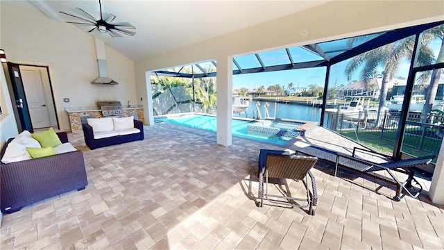 view of patio featuring a water view, area for grilling, a lanai, and a pool with hot tub