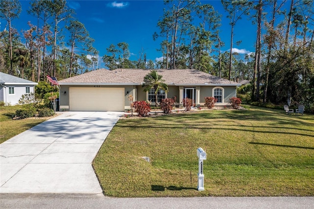 single story home with a garage and a front lawn