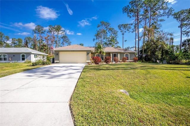 single story home with a front lawn and a garage