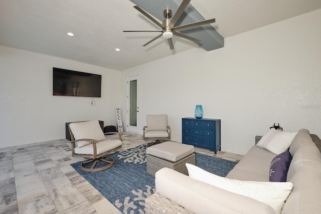 living room featuring ceiling fan