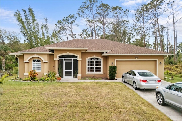 ranch-style home with a front lawn and a garage