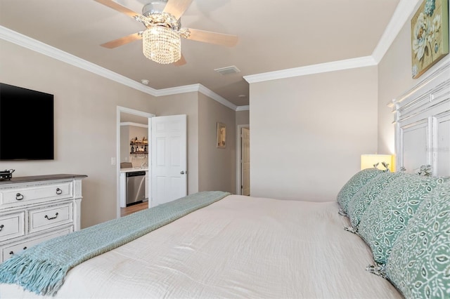 bedroom with ceiling fan and ornamental molding