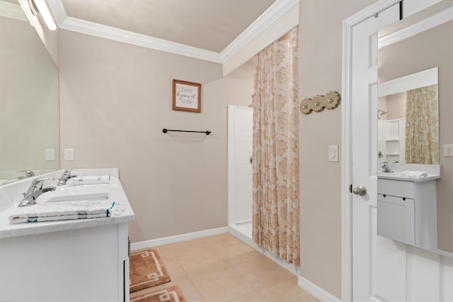 bathroom featuring tile patterned flooring, vanity, curtained shower, and crown molding