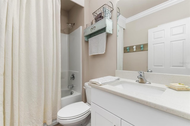 full bathroom featuring crown molding, vanity, shower / bath combination with curtain, and toilet