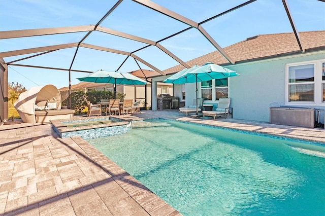 view of swimming pool featuring an in ground hot tub, a patio, area for grilling, and a lanai