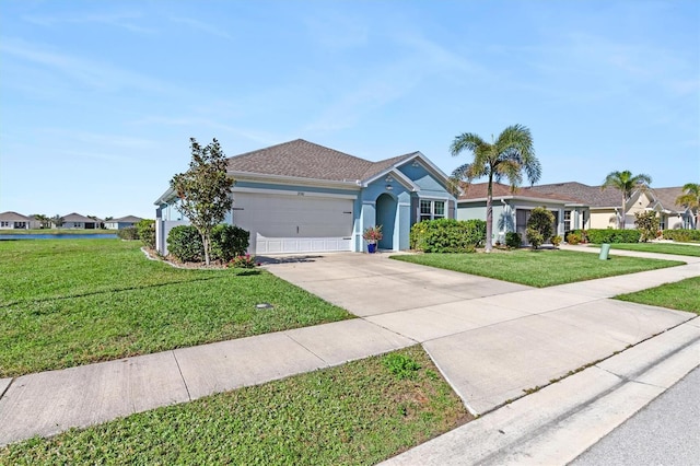 single story home with a garage and a front yard