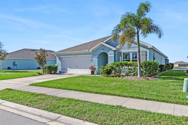 ranch-style home featuring a garage and a front yard