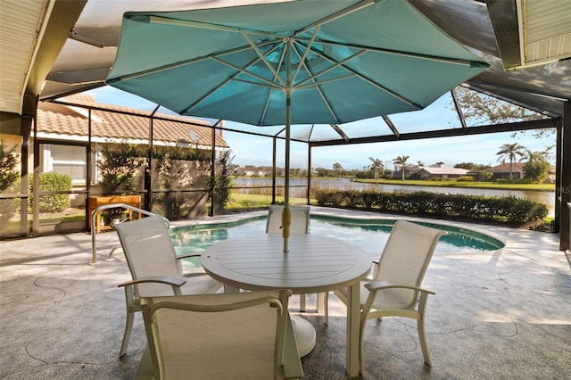 view of patio featuring a lanai