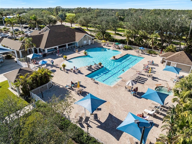 view of swimming pool featuring a patio area