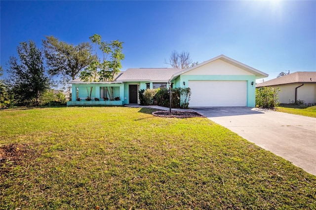 single story home featuring a garage and a front yard