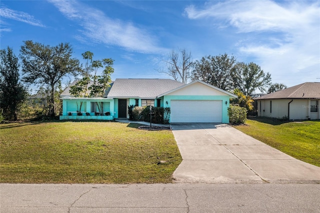 single story home with a garage and a front yard