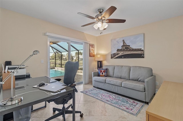 tiled office with ceiling fan