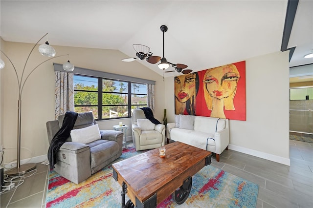 living room with ceiling fan and vaulted ceiling