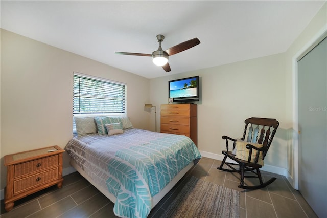 bedroom with ceiling fan and a closet