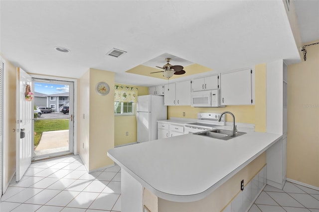 kitchen featuring kitchen peninsula, white appliances, ceiling fan, sink, and white cabinets