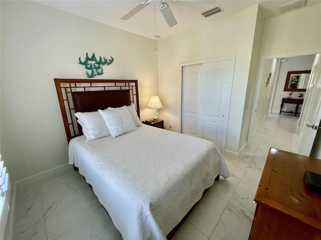 bedroom featuring ceiling fan and a closet