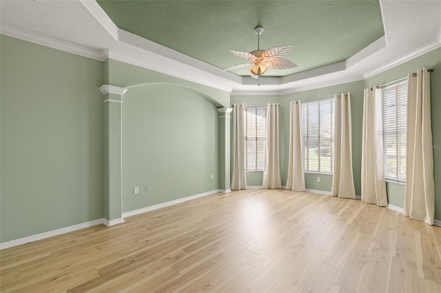 spare room with a raised ceiling, a wealth of natural light, ceiling fan, and light hardwood / wood-style flooring