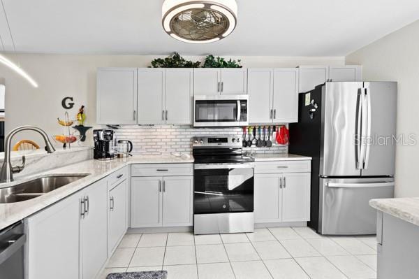 kitchen with tasteful backsplash, sink, white cabinets, and appliances with stainless steel finishes