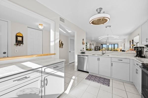 kitchen featuring decorative light fixtures, white cabinetry, dishwasher, sink, and kitchen peninsula