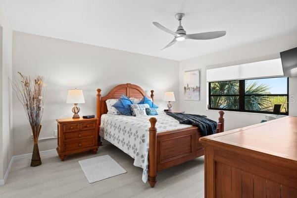 bedroom featuring ceiling fan and light wood-type flooring