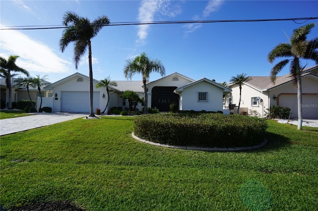 single story home with a garage and a front lawn