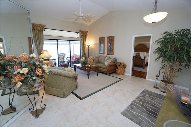 tiled living room with high vaulted ceiling and ceiling fan