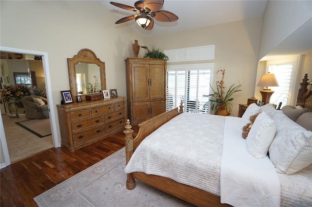 bedroom with light hardwood / wood-style floors and ceiling fan