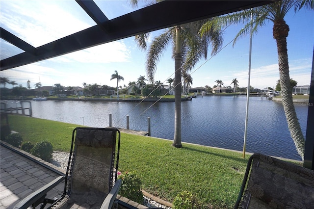 view of water feature with a dock