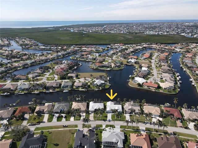 drone / aerial view featuring a water view