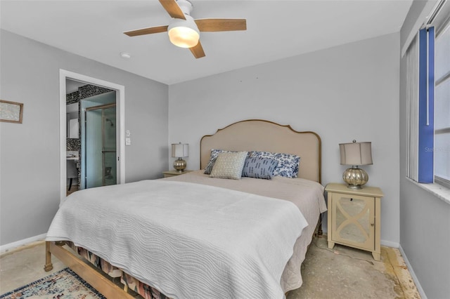 bedroom featuring concrete flooring and ceiling fan