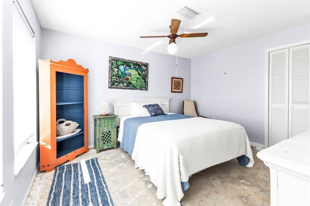 bedroom with ceiling fan and a closet