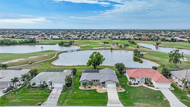 bird's eye view with a water view