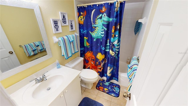 full bathroom featuring tile patterned floors, shower / tub combo with curtain, vanity, and toilet