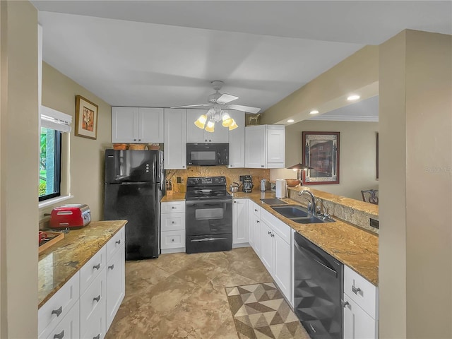 kitchen featuring black appliances, ceiling fan, white cabinets, and sink