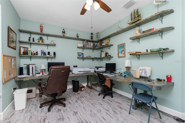 office area featuring ceiling fan and light hardwood / wood-style flooring