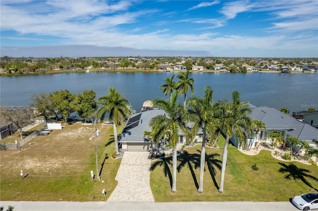 drone / aerial view featuring a water view