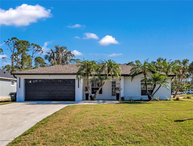 ranch-style house with a garage and a front lawn