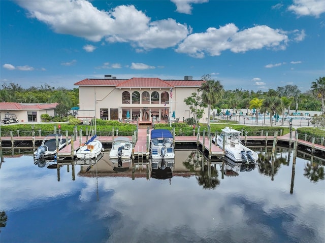 view of dock featuring a water view and a balcony