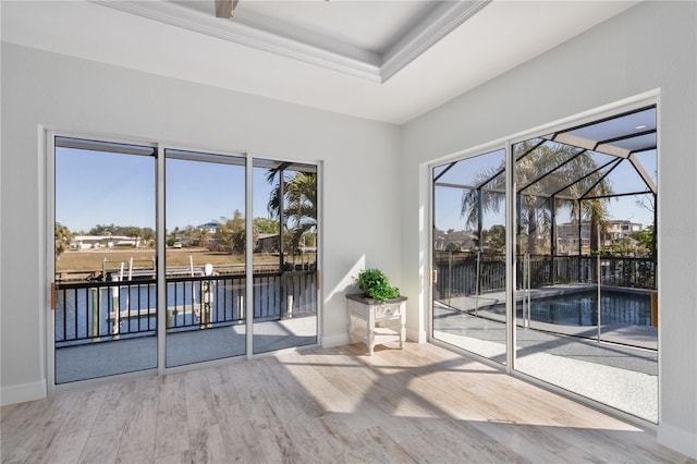 unfurnished room featuring a water view, a wealth of natural light, a raised ceiling, and hardwood / wood-style floors