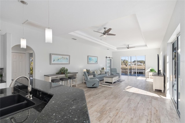 living room with sink, light hardwood / wood-style floors, ceiling fan, and a tray ceiling