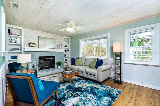 living room featuring wood ceiling, ceiling fan, wood-type flooring, a fireplace, and built in shelves