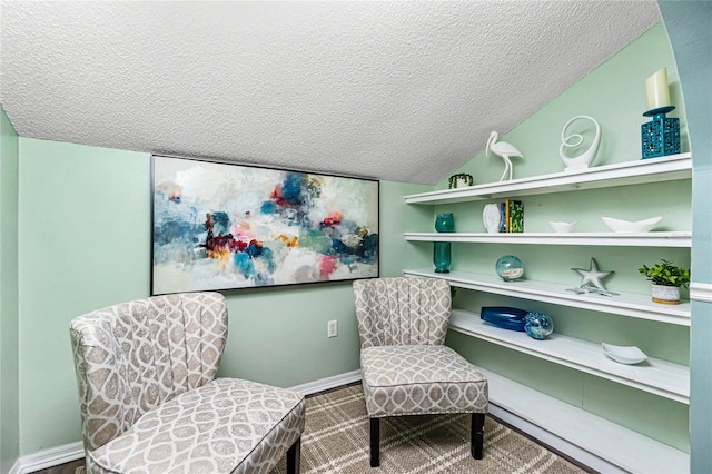 sitting room featuring lofted ceiling and a textured ceiling