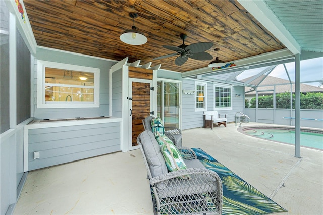 exterior space with wood ceiling, vaulted ceiling, and ceiling fan