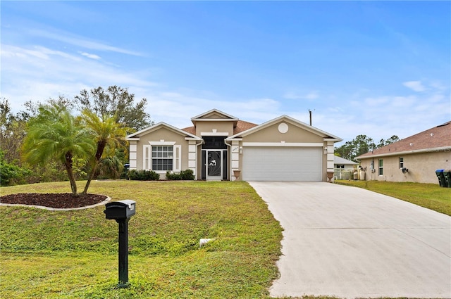 single story home featuring a front yard and a garage