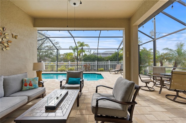 view of patio featuring a fenced in pool, an outdoor hangout area, and glass enclosure