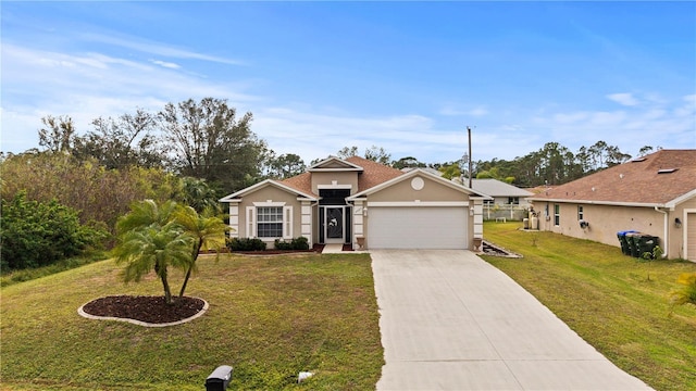 single story home featuring a garage and a front yard