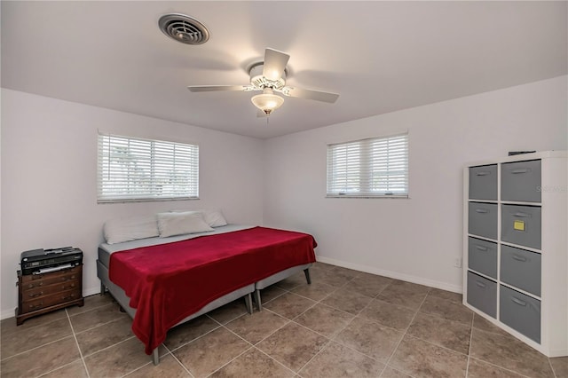 bedroom featuring ceiling fan and tile patterned flooring