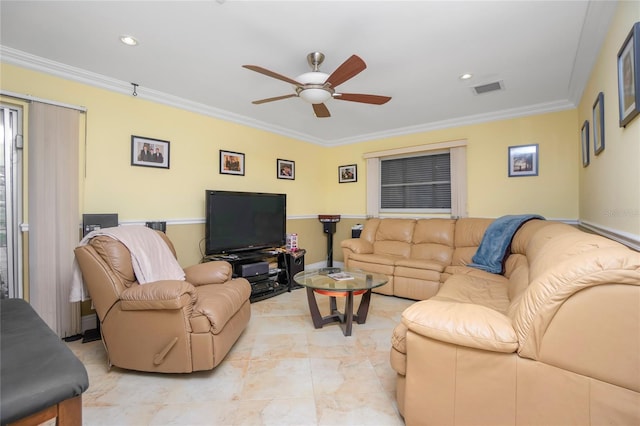 living room featuring ceiling fan and ornamental molding