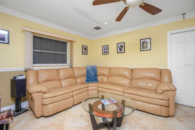 living room featuring ceiling fan, light tile patterned flooring, and crown molding